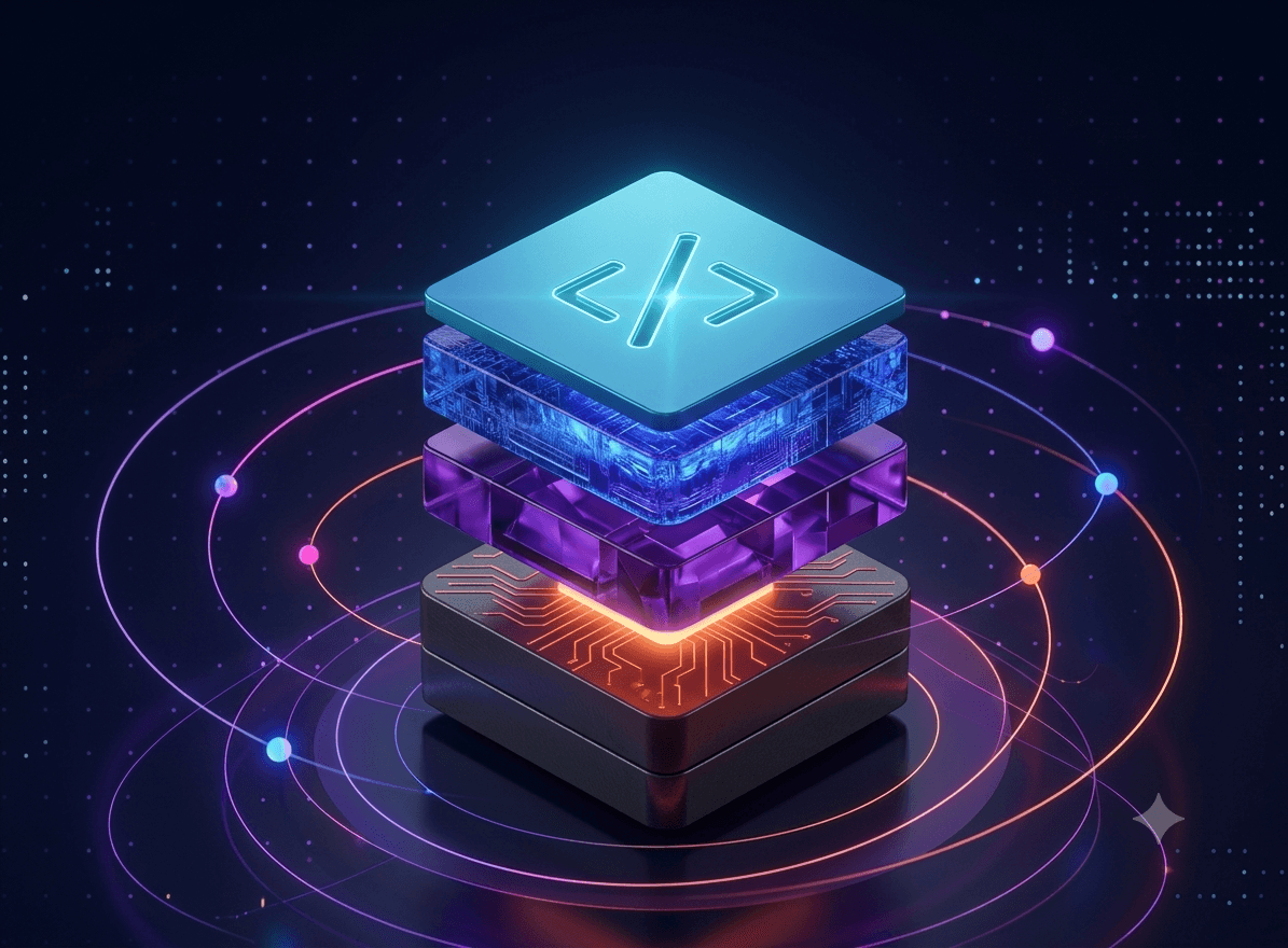 Layered software architecture surrounded by connected technology orbits